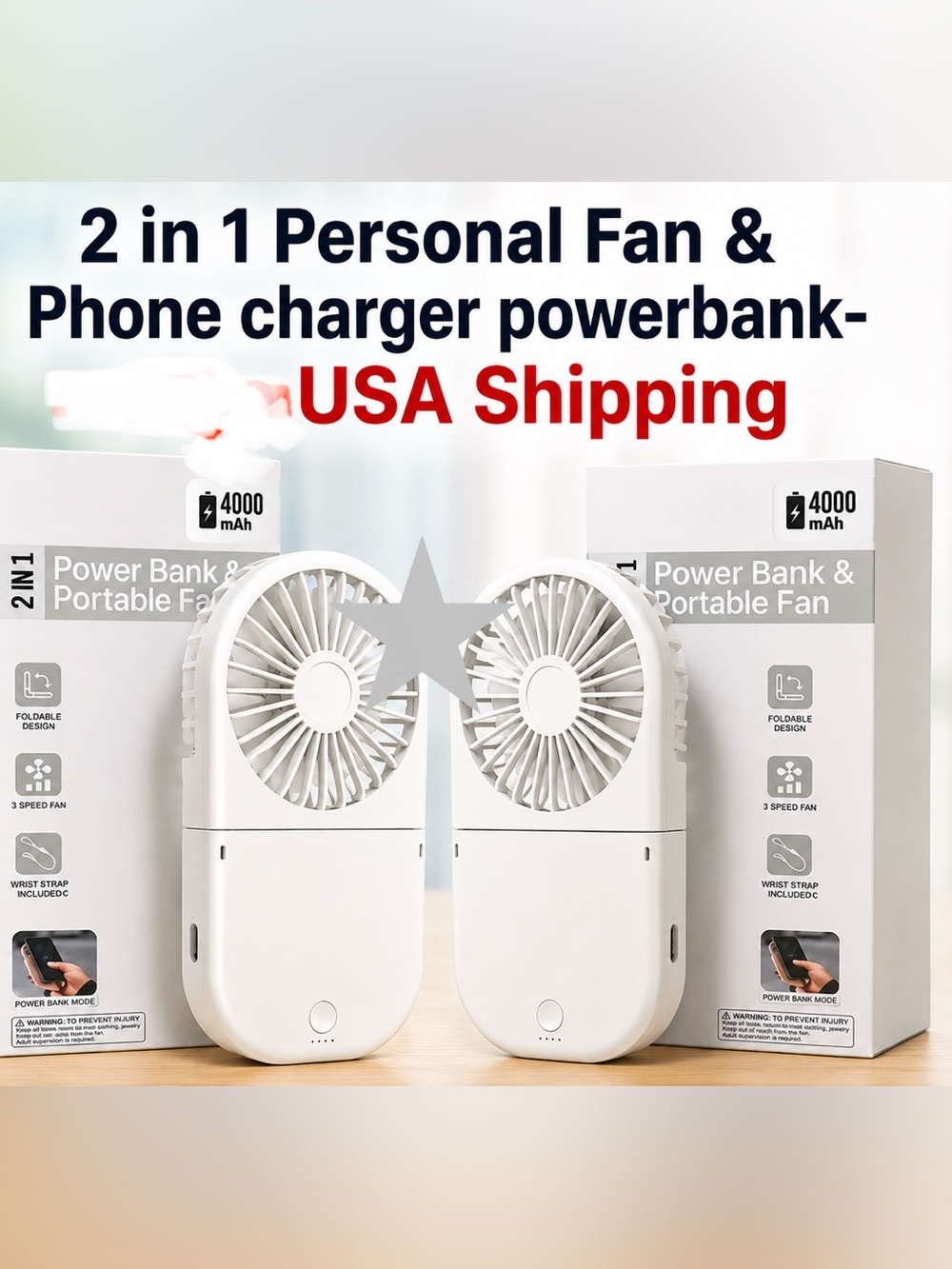 Essentials White 2-in-1 Personal Fan & Power Bank - 4000mAh lot/2